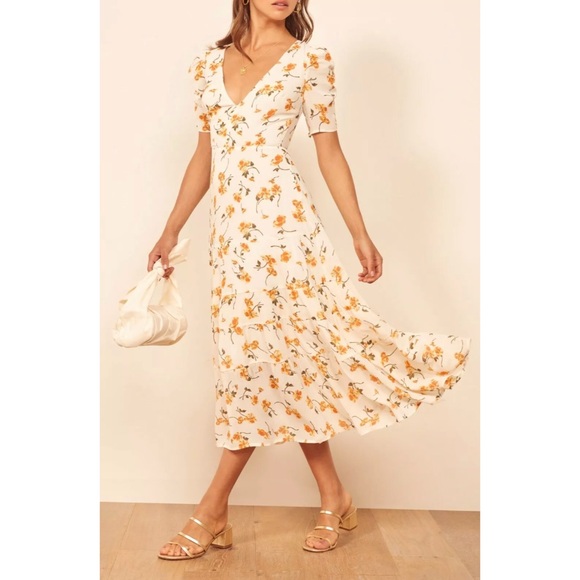 Reformation Cosa Floral V Neck Short Sleeve Midi Dress in Yellow Limonada - Picture 2 of 16